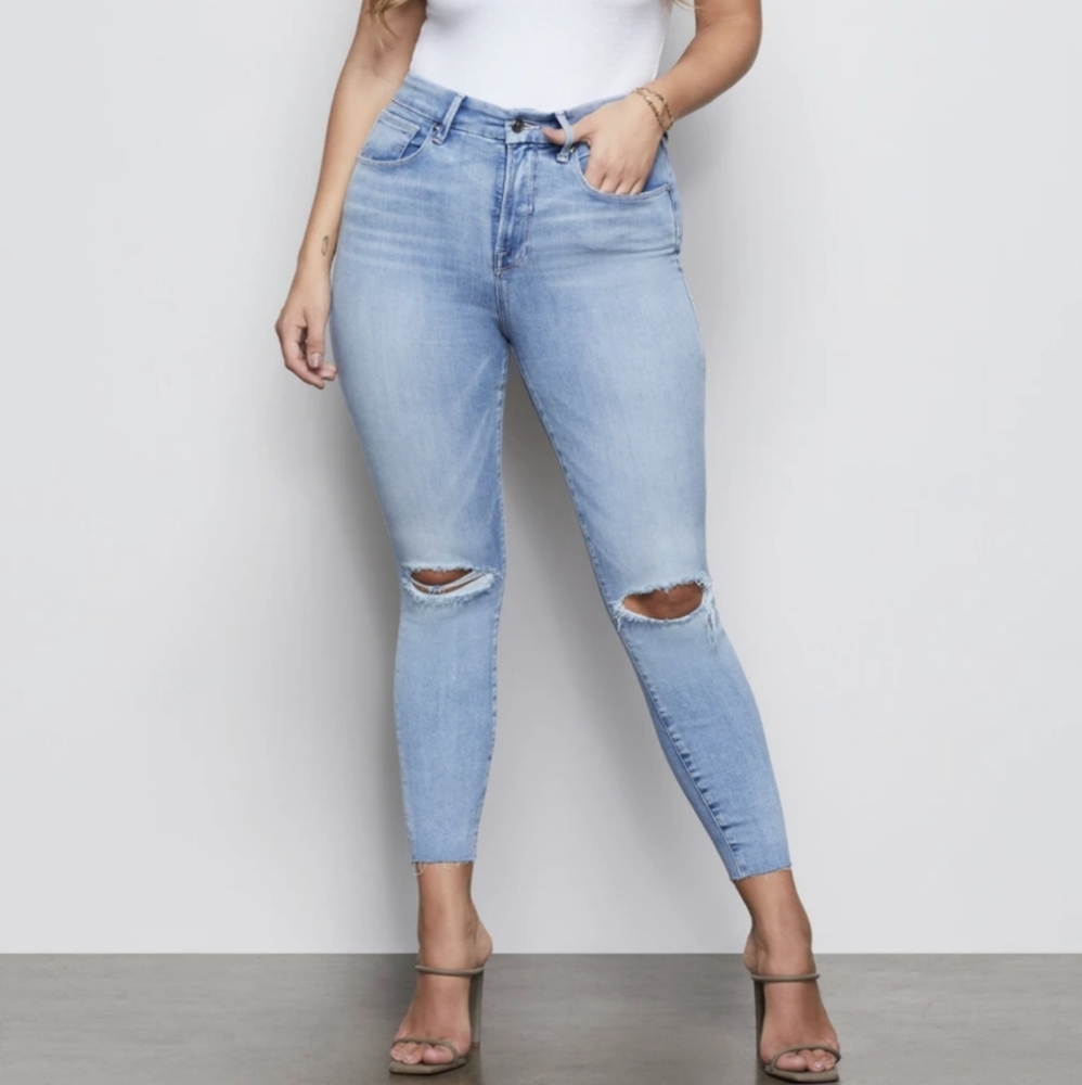Good American crop raw edge skinny high rise jeans